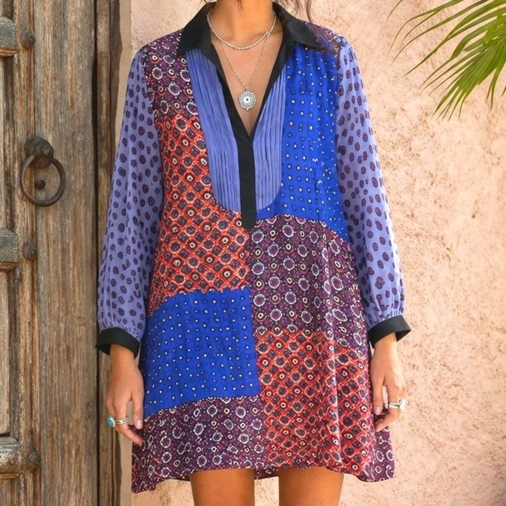 Moulinette Soeurs Anthropologie 100%Silk Patchwork Tunic Dress Sz M Art to Wear
